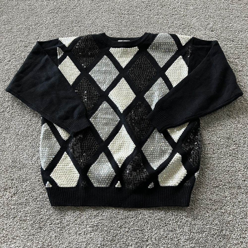 Alfred Dunner Sweater Womens 3X Black Argyle Sequin Crew Neck Knit Pullover Plus